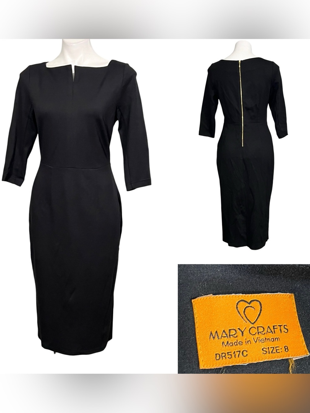 MaryCrafts dress sz 8 Black Sheath ponte knit stretch midi Back Zip 3/4 sleeve